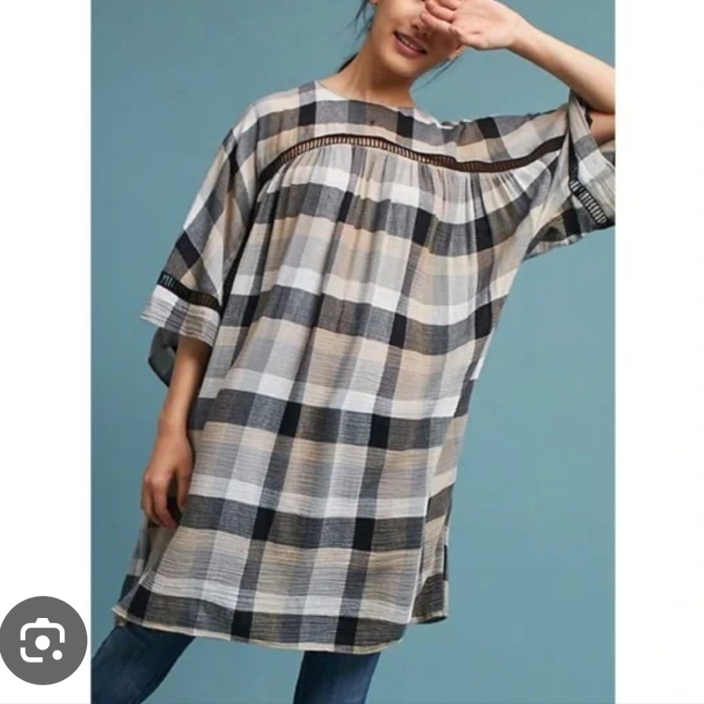 Anthropologie Black White Tan Plaid Tunic Dress